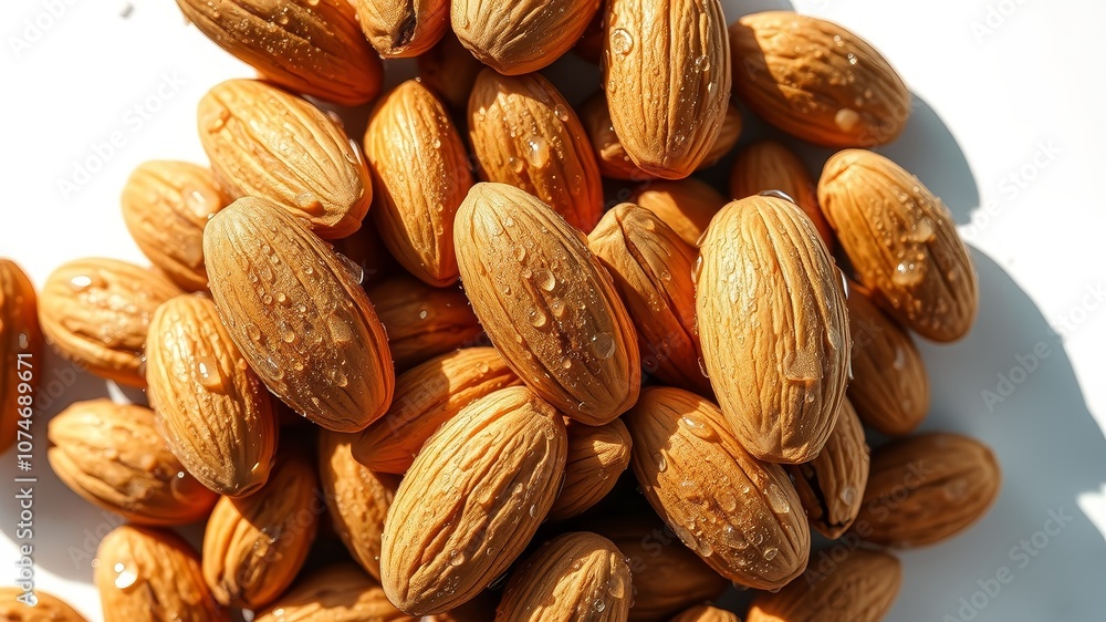 Fototapeta premium Fresh Almond Nuts with Water Drops on White Background - High-Resolution Candid Photography