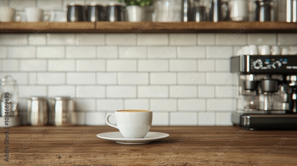 A Cozy Coffee Shop Scene Featuring a White Cup on a Wooden Table Surrounded by a Modern Espresso Machine and Stylish Kitchenware in a Bright Atmosphere A Cozy Coffee Shop Scene Featuring a White Cup on a Wooden Table Surrounded by a Modern Espresso Machine and Stylish Kitchenware in a Bright Atmosphere