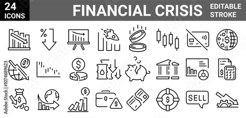 Financial Crisis web line icons. Economic crisis. Decrease, layoff, job fired, pay cuts, low cost, collection. Vector illustration.