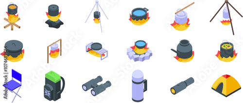 Pot campfire icons set. Cooking on campfire, camping equipment icons set, isometric style