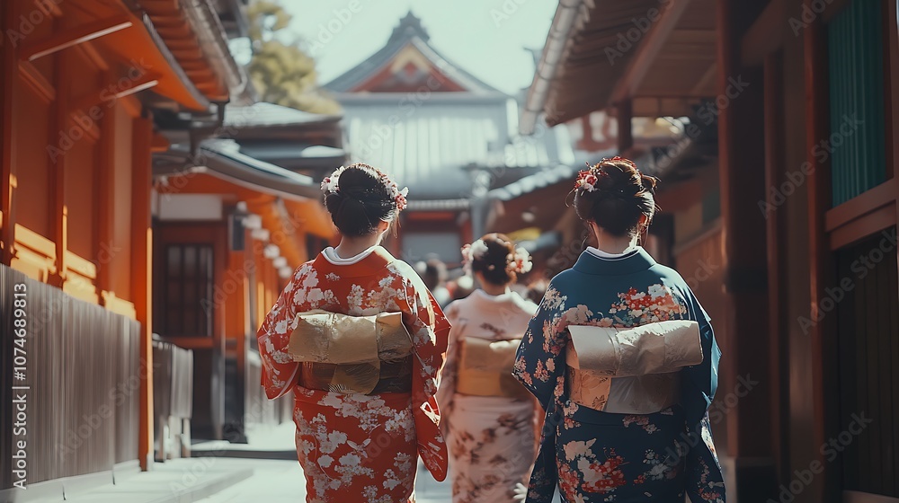 Two women wearing traditional Japanese clothing, kimonos, walk through a narrow street in Kyoto. Two women wearing traditional Japanese clothing, kimonos, walk through a narrow street in Kyoto.