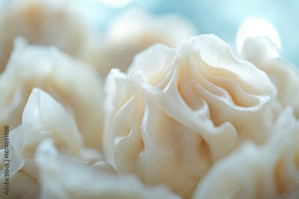 Close-up of dim sum dumplings with intricate folds and details, set against a blurred background with a blank space for text. Ideal for commercial advertisements showcasing craftsmanship. Close-up of dim sum dumplings with intricate folds and details, set against a blurred background with a blank space for text. Ideal for commercial advertisements showcasing craftsmanship.