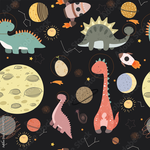 seamless pattern with a cute dinosaur in space - vector illustration, eps
