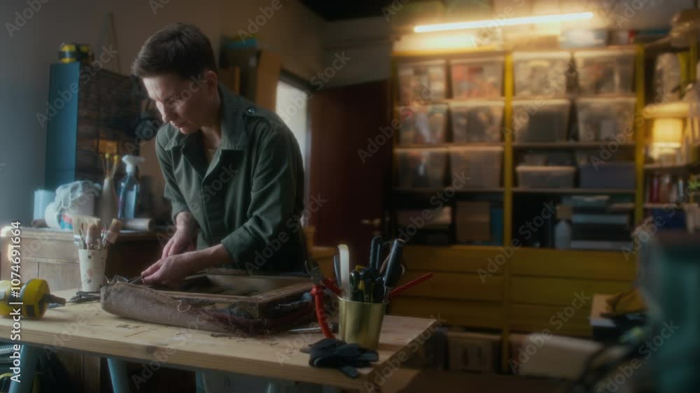Side medium shot of experienced female artisan restoring old furniture in garage workshop, reupholstering wooden chair Side medium shot of experienced female artisan restoring old furniture in garage workshop, reupholstering wooden chair