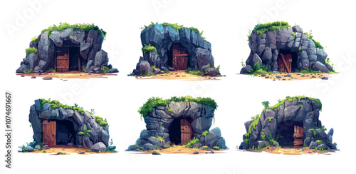 Cave entrances cartoon vector set. Stone rock boulder pile timber door wooden gate abandoned old mine digging cavern, under cliff ancient excavation tunnel, isolated illustrations on white backdrop