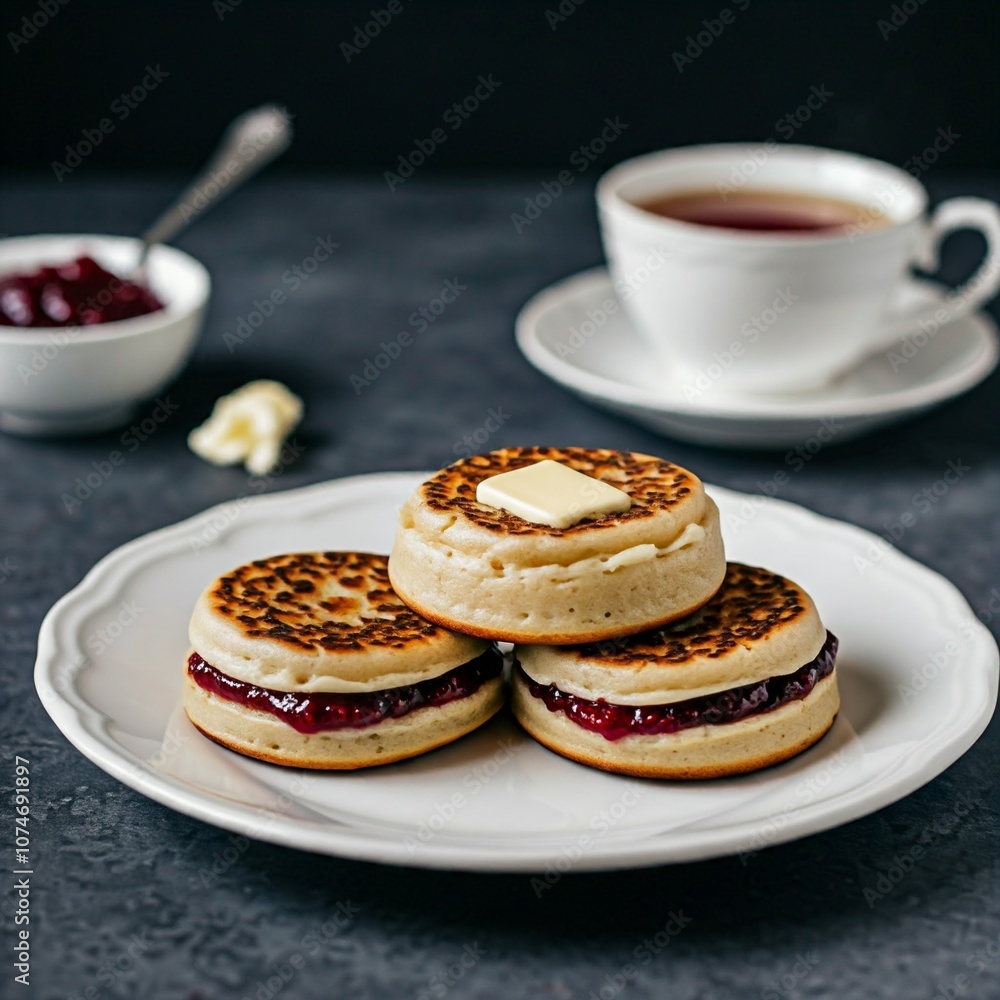 Delicious crumpets with jam and butter on a white plate, served with a cup of tea , Delicious crumpets with jam and butter on a white plate, served with a cup of tea ,