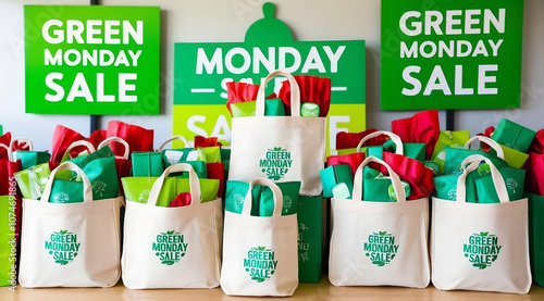 A vibrant display of bags and signs promoting a Green Monday Sale, featuring eco-friendly shopping totes filled with colorful wrapped items.