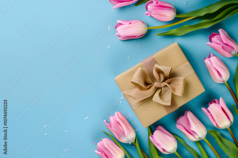 Panoramic shot of gift box with bow and pink tulips on blue background, panoramic shot Panoramic shot of gift box with bow and pink tulips on blue background, panoramic shot