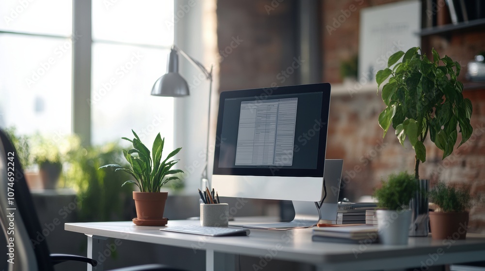 An adjustable height desk is complemented by greenery and a computer, creating an inviting workspace filled with natural light. Generative AI An adjustable height desk is complemented by greenery and a computer, creating an inviting workspace filled with natural light. Generative AI