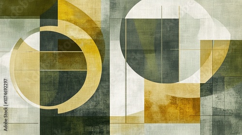 Abstract geometric art with circles and lines in green and gold tones
