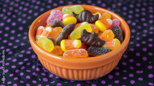 A close-up of a ceramic orange bowl filled with assorted Halloween candies, including candy corn, gummy bats, and mini chocolate pumpkins, on a black and purple polka-dotted tablecloth.