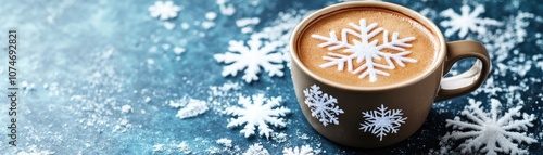 A cozy cup of coffee topped with a snowflake design, set against a wintery backdrop.