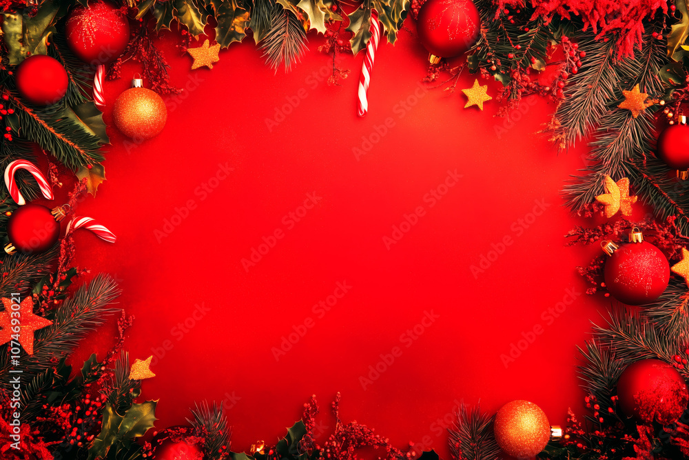 Vibrant red holiday background framed with pine branches, sparkling baubles, candy canes, and golden stars. Perfect for festive designs and seasonal greetings Vibrant red holiday background framed with pine branches, sparkling baubles, candy canes, and golden stars. Perfect for festive designs and seasonal greetings