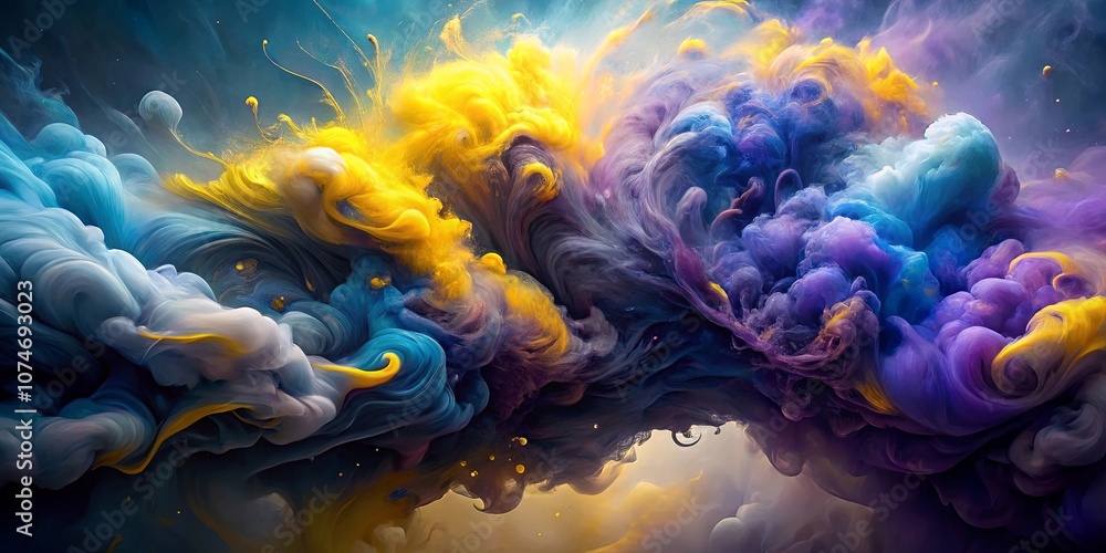 Obraz premium Abstract Swirling Colors A Symphony of Yellow, Blue, and Purple Ink