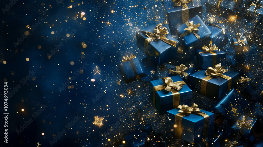 A collection of elegant blue gift boxes wrapped with gold ribbons, surrounded by glittering stars and sparkles in a magical night sky A collection of elegant blue gift boxes wrapped with gold ribbons, surrounded by glittering stars and sparkles in a magical night sky