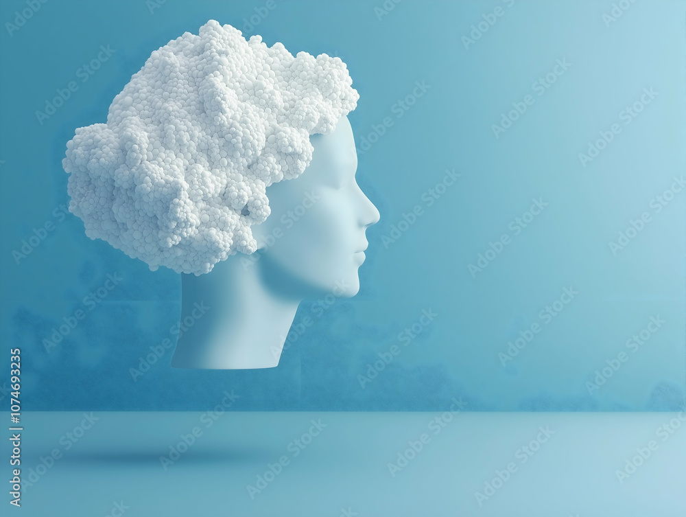 A surreal, artistic sculpture of a head with textured, cloud-like hair against a soft blue background. A surreal, artistic sculpture of a head with textured, cloud-like hair against a soft blue background.
