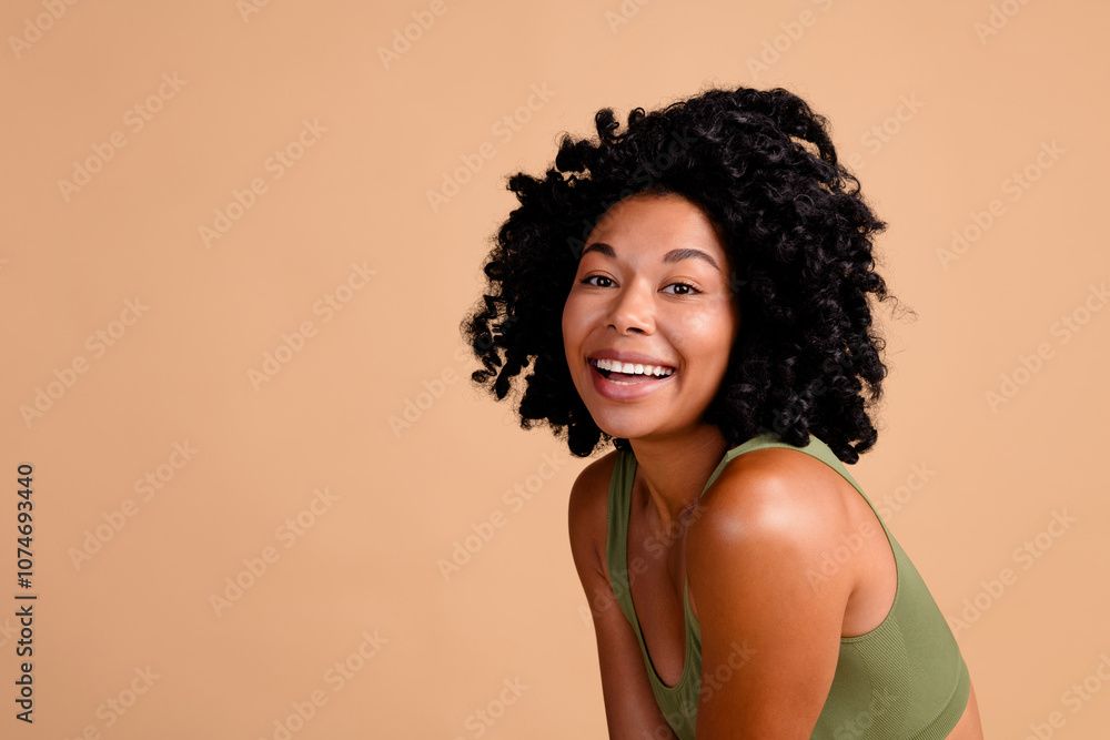 Photo of body positive lady smiling feel self love wearing khaki top near empty space isolated pastel color background Photo of body positive lady smiling feel self love wearing khaki top near empty space isolated pastel color background