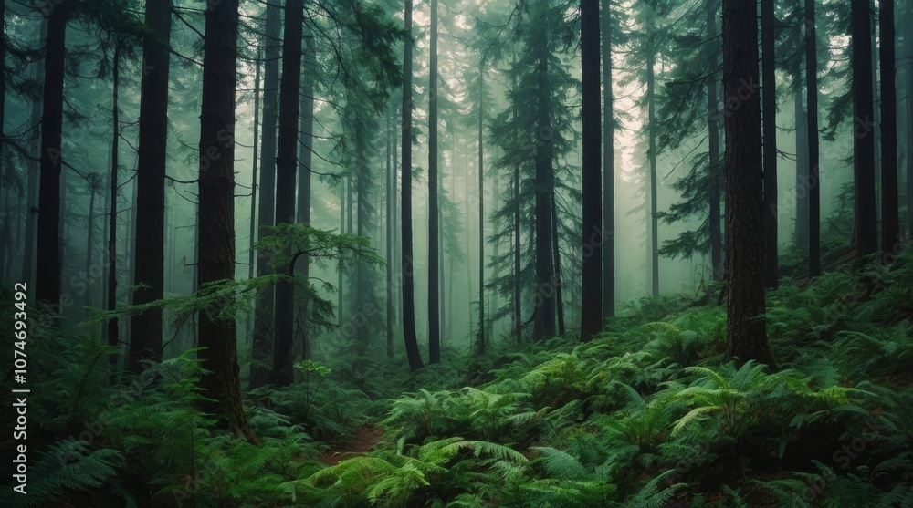 Obraz premium lush green forest on a misty fog