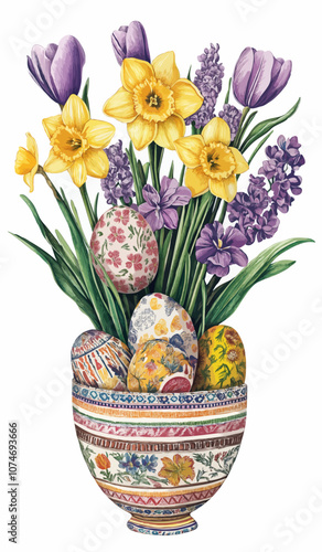 Colorful Easter eggs nestled among vibrant daffodils and flowers in a decorative bowl for spring celebrations