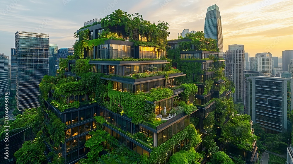 Obraz premium A modern cityscape showcasing green development and sustainable growth, featuring eco-friendly buildings and lush greenery, representing environmental progress and urban sustainability.