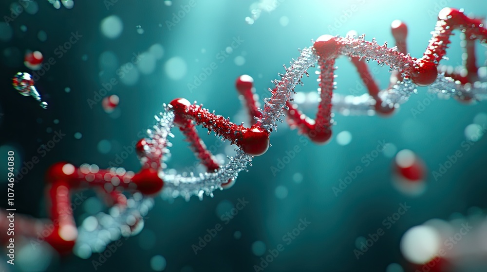 Explore the intricate beauty of a 3D DNA structure highlighted in vibrant red against a serene blue background filled with molecular details Explore the intricate beauty of a 3D DNA structure highlighted in vibrant red against a serene blue background filled with molecular details