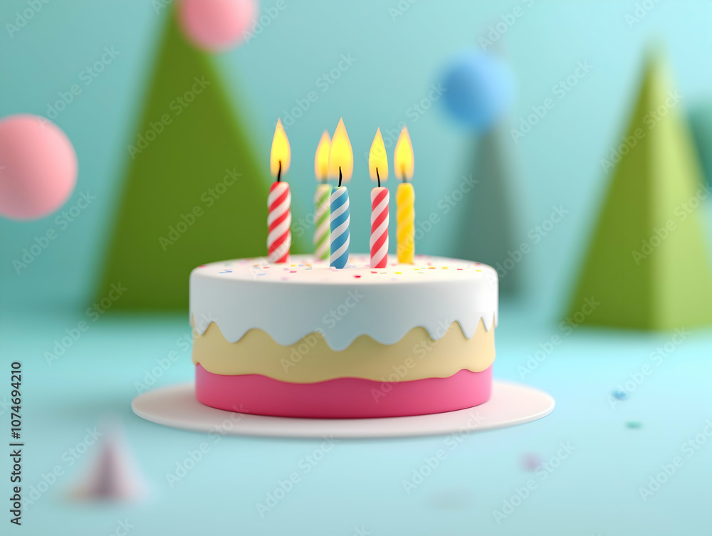 A colorful birthday cake with five candles, set against a playful background featuring geometric shapes in soft pastel colors. A colorful birthday cake with five candles, set against a playful background featuring geometric shapes in soft pastel colors.