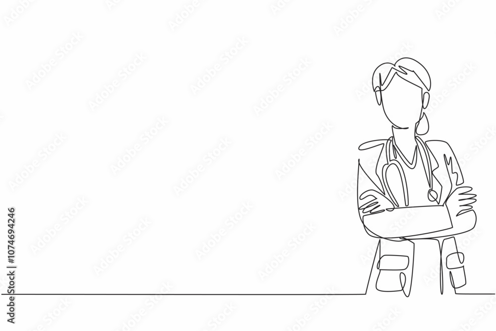 Single continuous line drawing a female doctor standing confidently with her arms crossed. Vital role of women in the medical field. National Women Physicians Day. One line design vector illustration Single continuous line drawing a female doctor standing confidently with her arms crossed. Vital role of women in the medical field. National Women Physicians Day. One line design vector illustration