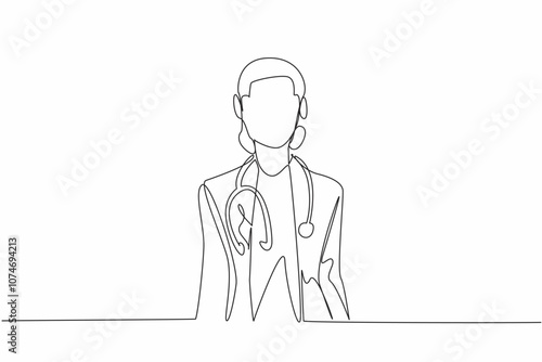 Continuous one line drawing a female doctor standing confidently with a stethoscope around neck. Professionalism. Expertise. National Women Physicians Day. Single line draw design vector illustration