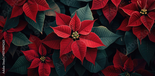 A detailed, floral of poinsettias with deep red petals and lush green leaves. Rich colors, the elegance and warmth of this holiday flower.