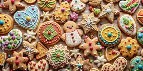 A Festive Assortment of Hand-Decorated Gingerbread Cookies, Featuring an Array of Shapes, Colors, and Delicious Frosting Details