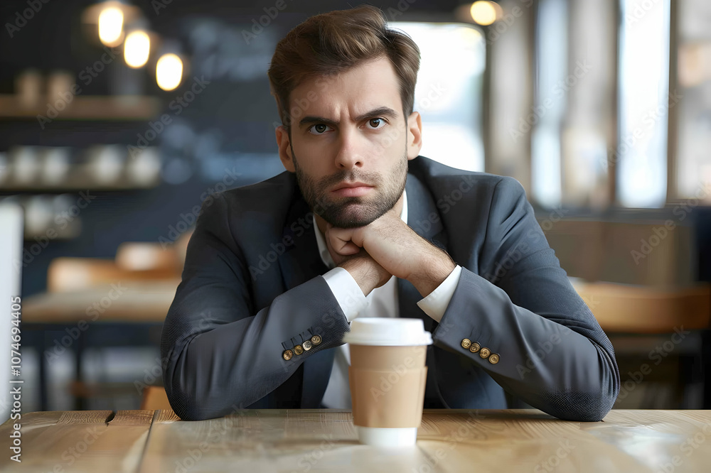 Thoughtful businessman with clenched hands near paper cup of coffee at table in office Thoughtful businessman with clenched hands near paper cup of coffee at table in office