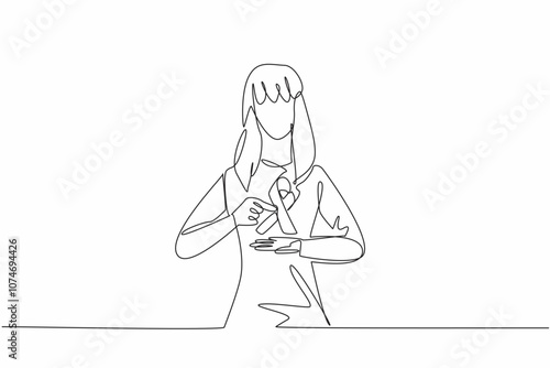 Single continuous line drawing woman holding ribbon forming cancer campaign symbol. Invitation to care more about health. Cancer can be prevented. World Cancer Day. One line design vector illustration