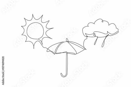 Continuous one line drawing weather icon. Sunshine, light rain. Weather conditions unpredictable. Always have umbrella ready. National Weatherperson's Day. Single line draw design vector illustration
