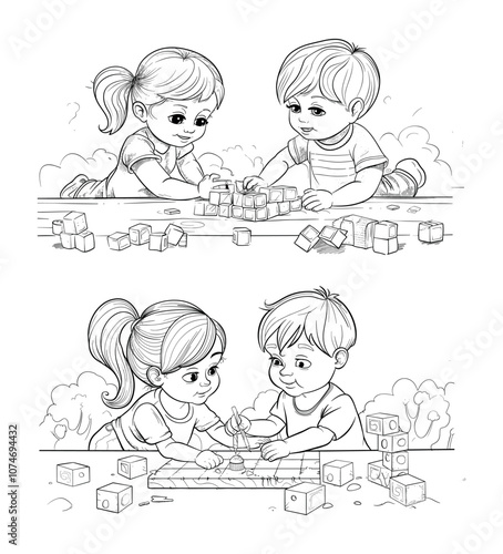 Children playing black ink sketch vector scenes. Cubs boy girl drowning play logical games characters, early growth education progress, isolated outline illustrations