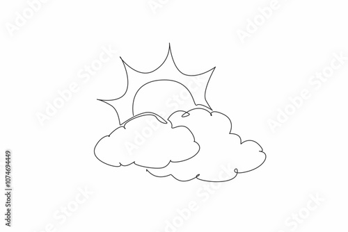 Single continuous line drawing the sun is covered by clouds. The weather quite sunny all day. Use sunscreen to protect from sunburn. National Weatherperson's Day. One line design vector illustration
