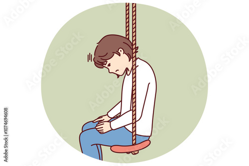 Little girl is sad sitting in swing due to lack of friends or long wait of parents from work. Lonely preteen girl needs friends and peers after moving house and moving to new school