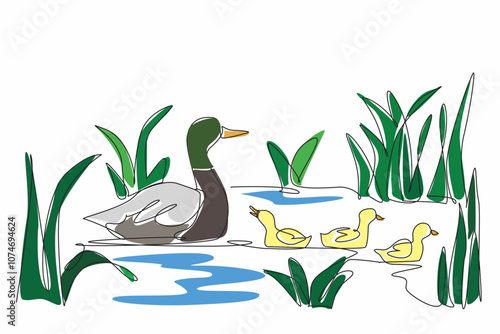 Single one line drawing a duckling family enjoying a peaceful day in a wetland. The importance of preserving vital ecosystems. Balance. World Wetlands Day. Continuous line design graphic illustration