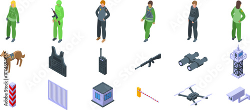 Border guard icons set. Isometric icons represent border security, featuring guards, equipment like vests, guns, and binoculars, and surveillance technology such as drones and cameras
