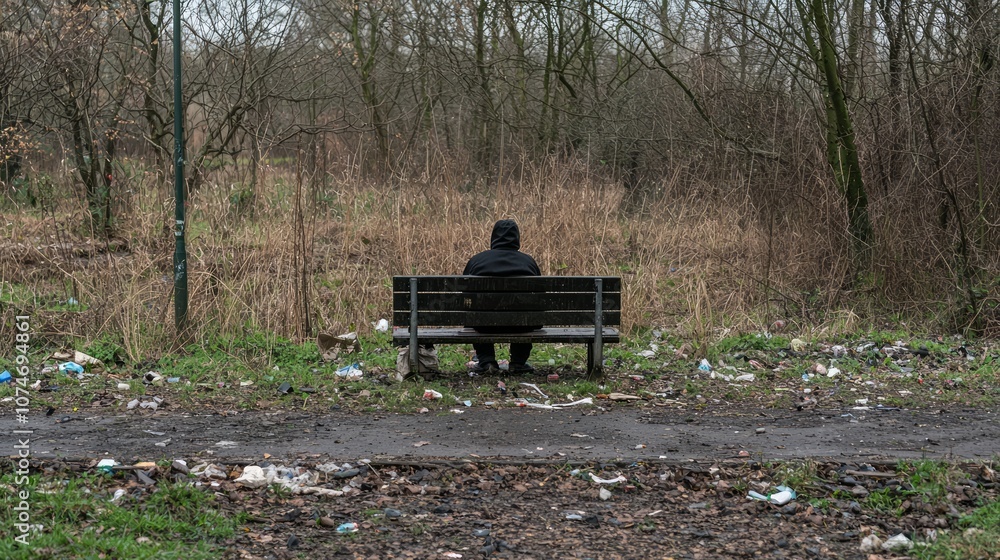 Alone in Desolation: Depiction of Economic Hardship through a Solitary Figure on a Park Bench Surrounded by Litter and Overgrown Grass
