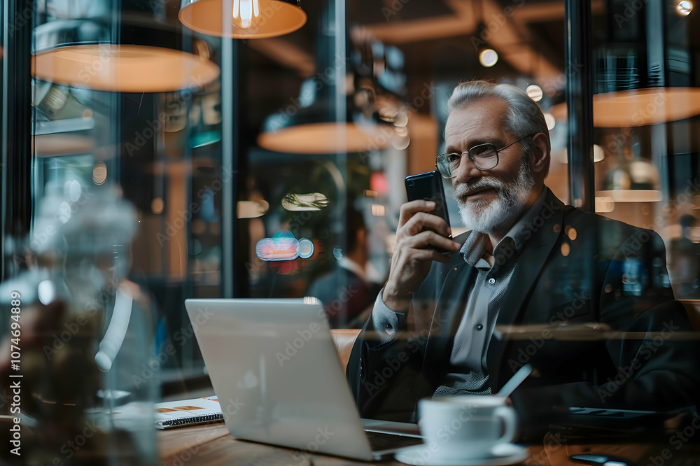 Positive businessman talking on smartphone near laptop and coffee on blurred foreground in office Positive businessman talking on smartphone near laptop and coffee on blurred foreground in office