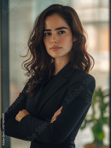 Free Download High-resolution color portrait of a woman in a professional business suit, standing confidently with her hands on her hips in an indoor office environment. She exudes confidence and authority. - GFXLoad