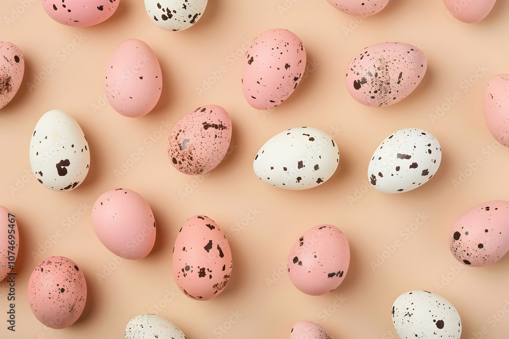 Top view of pink and white quail eggs on beige background Top view of pink and white quail eggs on beige background
