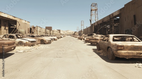 Urban Decay: Abandoned Cars Lining Empty Streets - Wide-Angle Perspective with Dramatic Angles, Ultra-Detailed Image Depicting Decline of Mobility and Economy photo