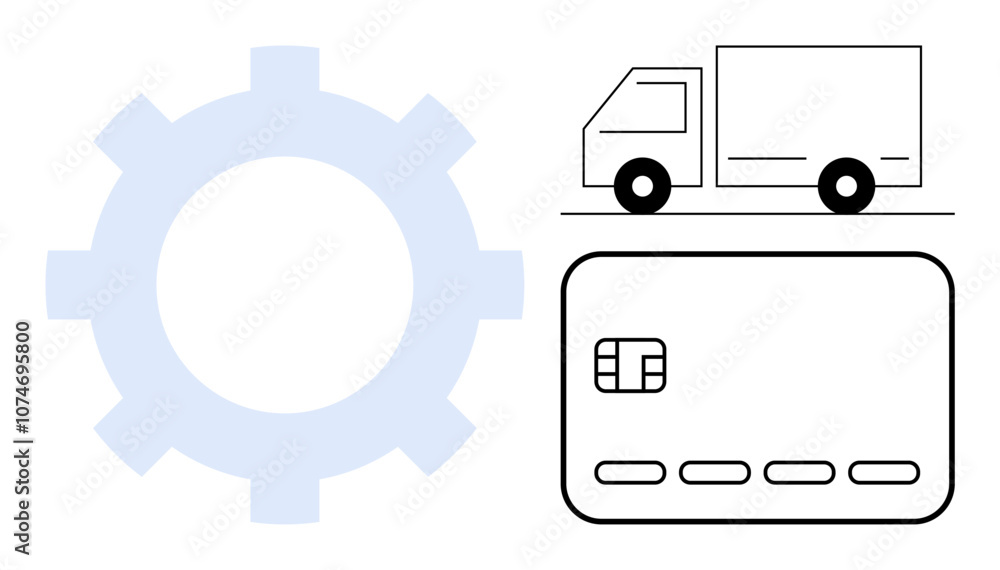 Gear cog, delivery truck, and credit card representing elements of an efficient e-commerce system. Ideal for logistics, online payments, supply chain, business automation, finance, digital Gear cog, delivery truck, and credit card representing elements of an efficient e-commerce system. Ideal for logistics, online payments, supply chain, business automation, finance, digital