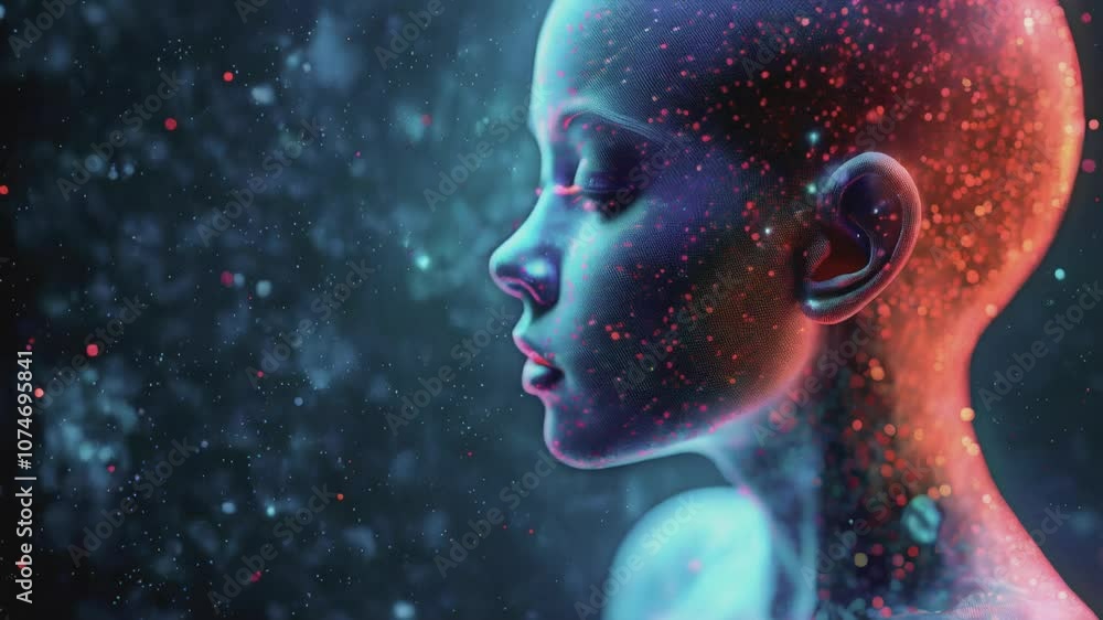 Futuristic close-up of a face with glowing blue and red neon light effects, creating a surreal, cybernetic atmosphere. The intense colors and light patterns evoke a sense of artificial intelligence an Futuristic close-up of a face with glowing blue and red neon light effects, creating a surreal, cybernetic atmosphere. The intense colors and light patterns evoke a sense of artificial intelligence an