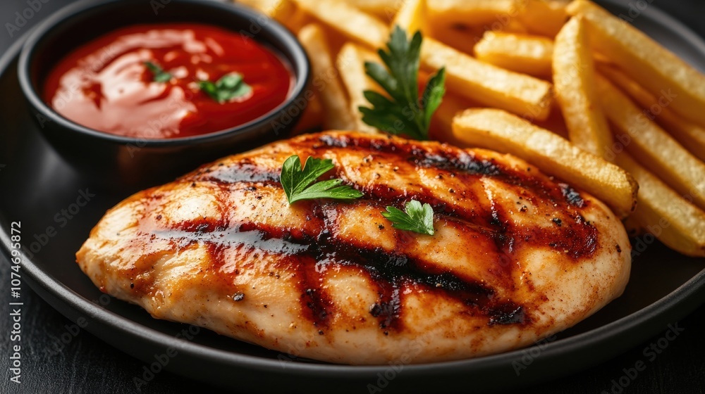 Grilled chicken fillet with fries. Grilled chicken fillet with fries.