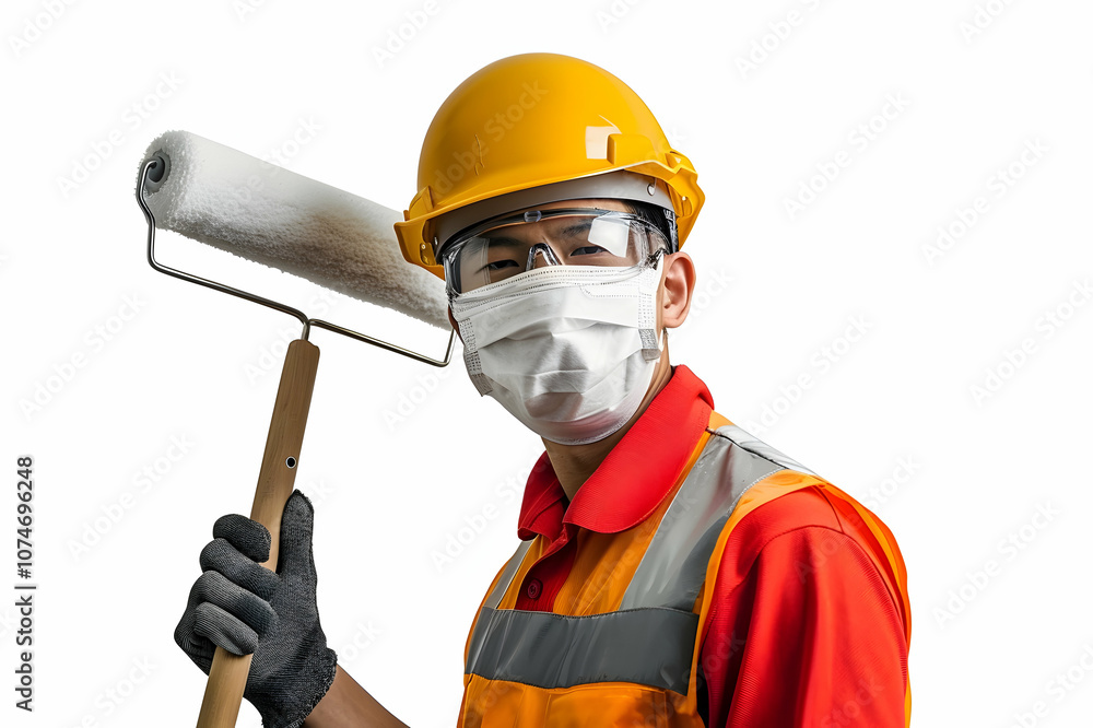 asian construction worker with roller brush on stick and mask isolated on white asian construction worker with roller brush on stick and mask isolated on white
