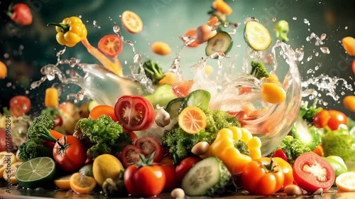 A vibrant and dynamic scene of fresh produce is captured in mid-air. A splash of water sends a colorful assortment of vegetables and fruits flying
