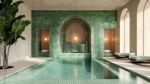 Luxurious indoor pool with green mosaic tiles and elegant arched design
