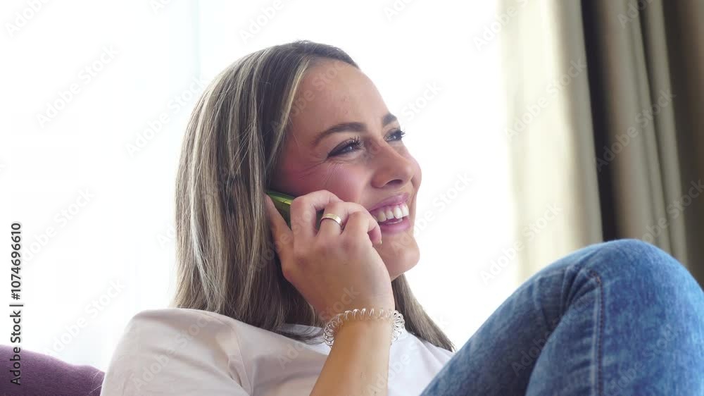Young Beautiful Happy Woman Talking on Old Slider Mobile Phone From 2000's, Close Up Young Beautiful Happy Woman Talking on Old Slider Mobile Phone From 2000's, Close Up